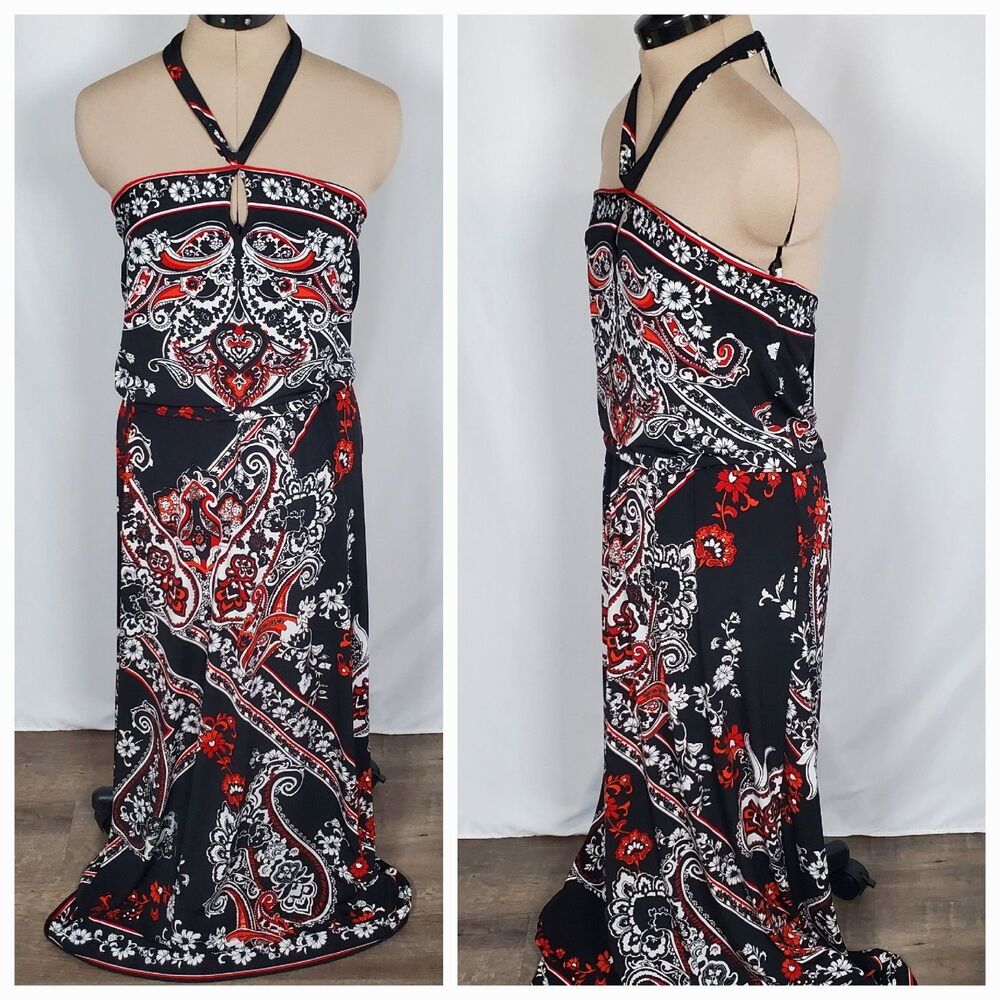 White House Black Market Women Maxi Dress Small Red Black Paisley Stretch Waist